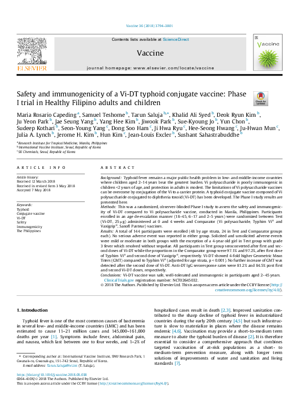 (PDF) Safety and immunogenicity of a Vi-DT typhoid conjugate vaccine ...
