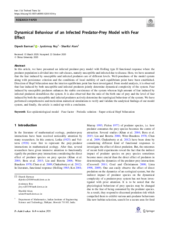 (PDF) Dynamical Behaviour of an Infected Predator-Prey Model with Fear ...