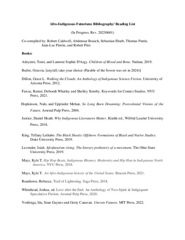 (PDF) Afro-Indigenous Futurisms Bibliography/ Reading List (In Progress)