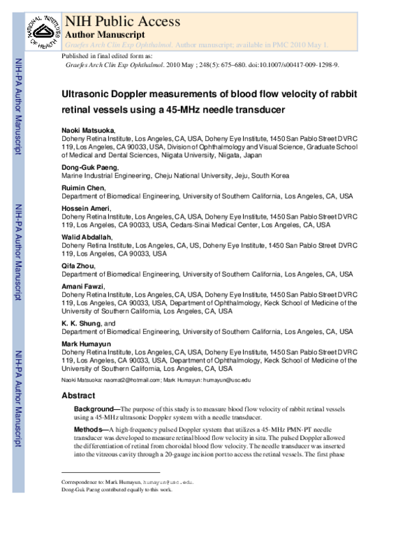 (PDF) Ultrasonic Doppler measurements of blood flow velocity of rabbit ...