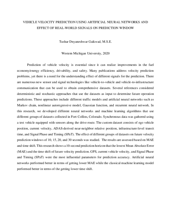 (PDF) Vehicle Velocity Prediction Using Artificial Neural Network and ...