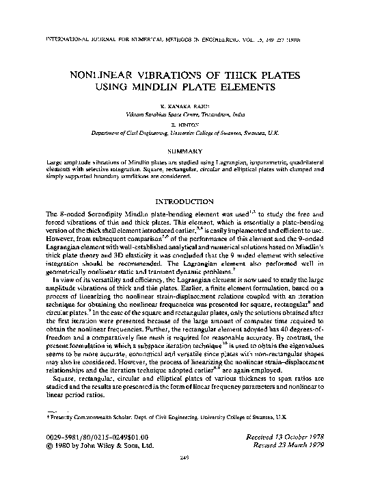 (PDF) Nonlinear vibrations of thick plates using mindlin plate elements