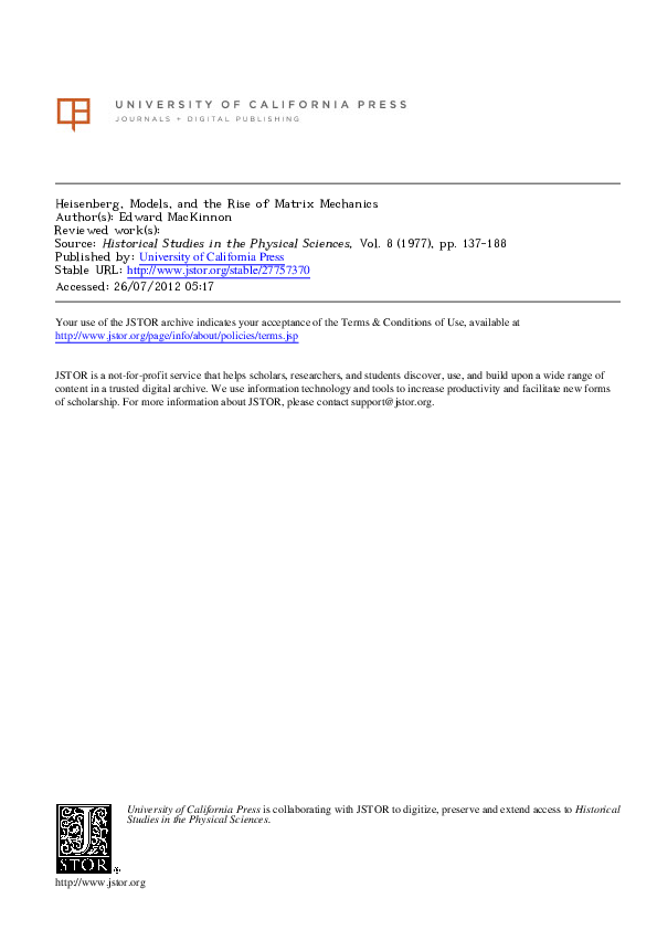 (PDF) Heisenberg, Models, and the Rise of Matrix Mechanics