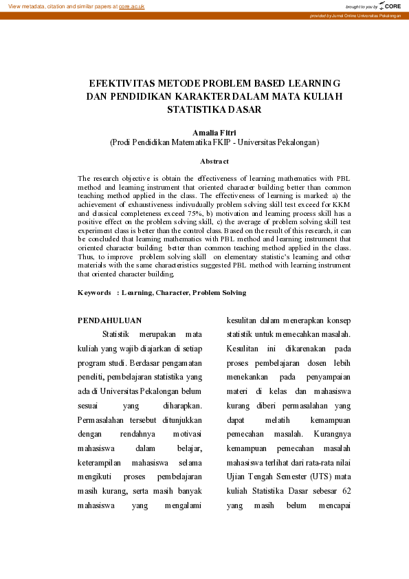 (PDF) Efektivitas Metode Problem Based Learning Dan Pendidikan Karakter ...