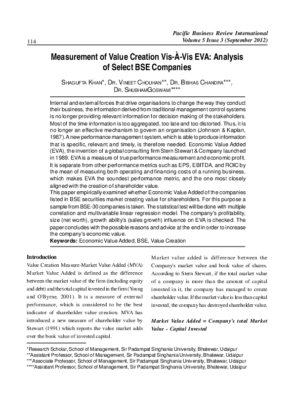 (PDF) Measurement of Value Creation Vis-À-Vis EVA: Analysis of Select ...