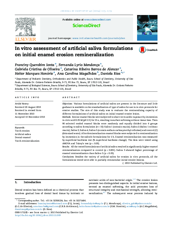 (PDF) In vitro assessment of artificial saliva formulations on initial ...