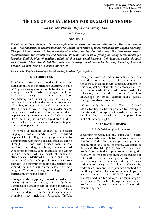 (PDF) THE USE OF SOCIAL MEDIA FOR ENGLISH LEARNING