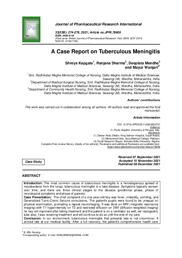 (PDF) A Case Report on Tuberculous Meningitis deeplata mendhe