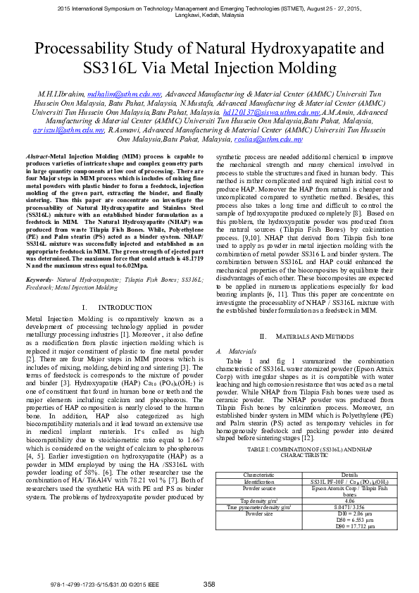 (PDF) Processability study of Natural Hydroxyapatite and SS316L via ...