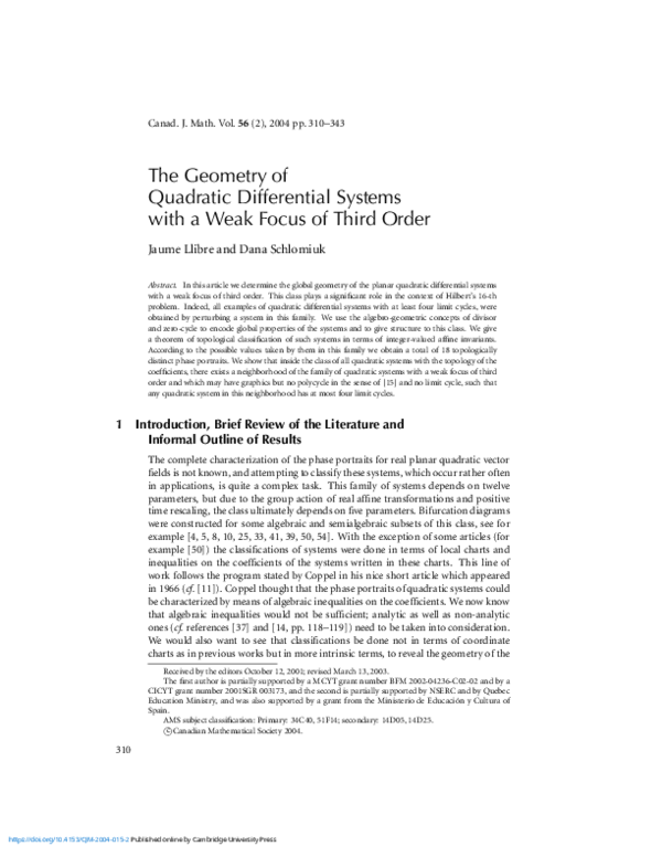 (PDF) The Geometry of Quadratic Differential Systems with a Weak Focus ...