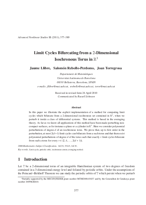 (PDF) Limit Cycles Bifurcating from a 2-Dimensional Isochronous Torus in ℝ3