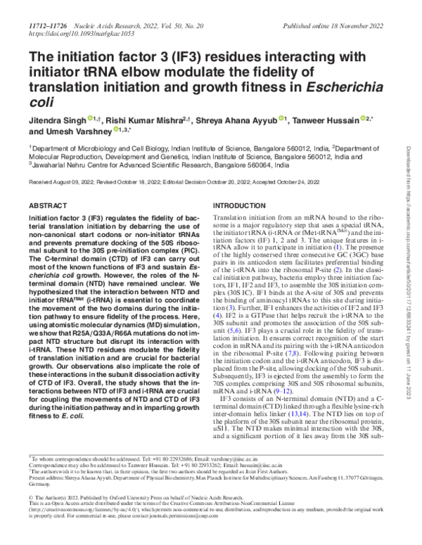 (PDF) The initiation factor 3 (IF3) residues interacting with initiator ...