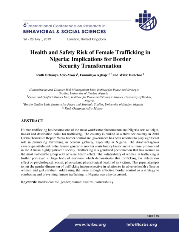 Health and Safety Risk of Female Trafficking in Nigeria: Implications for Border Security Transformation