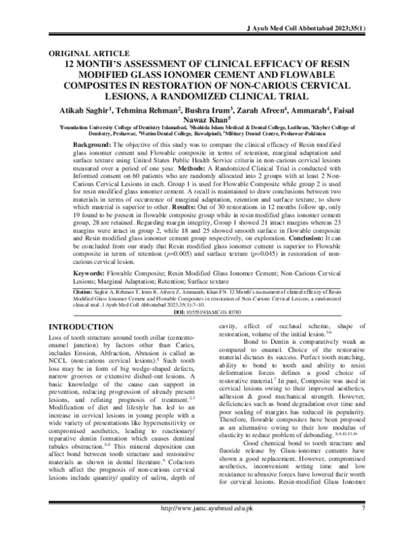 (PDF) 12 Month’s Assessment of Clinical Efficacy of Resin Modified Glass Ionomer Cement and