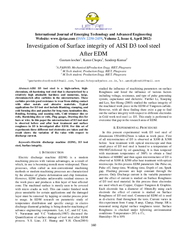 (PDF) Investigation of Surface integrity of AISI D3 tool steel After EDM
