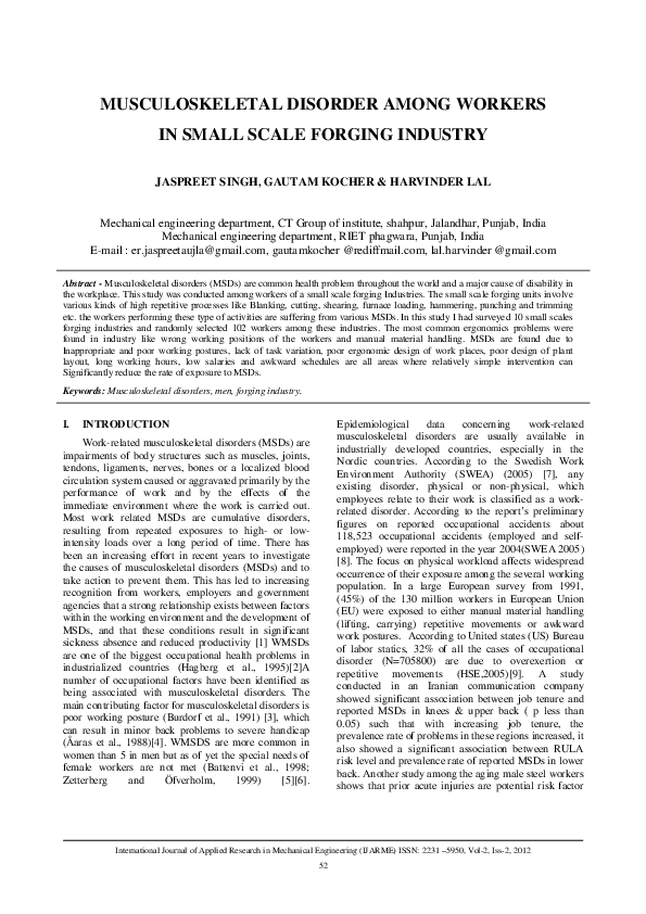 (PDF) Musculoskeletal Disorder Among Workers in Small Scale Forging ...