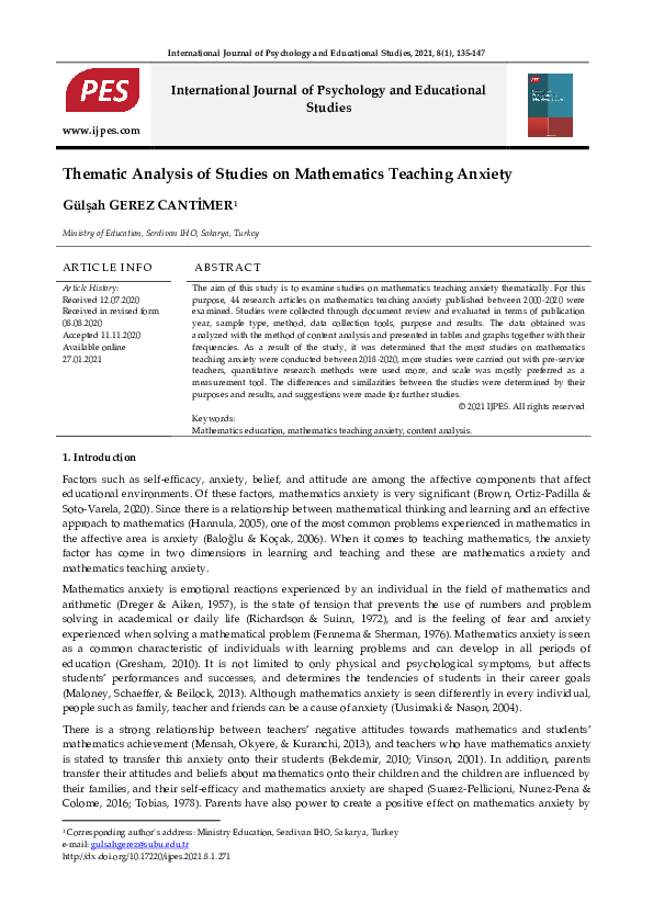 (PDF) Thematic Analysis of Studies on Mathematics Teaching Anxiety