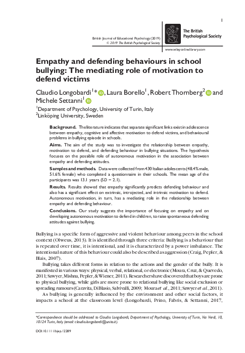 (PDF) Empathy and defending behaviours in school bullying: The ...