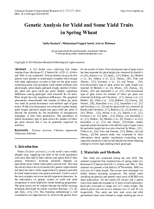 (PDF) Genetic Analysis for Yield and Some Yield Traits in Spring Wheat