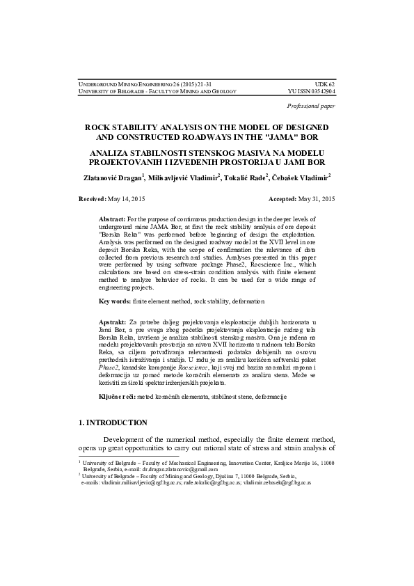 (PDF) Rock Stability Analysis in JAMA Bor Mine