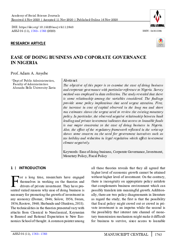 (PDF) Ease of Doing Business and Coporate Governance in Nigeria