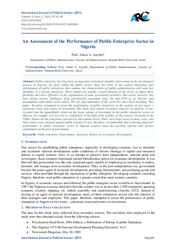 (PDF) An Assessment of the Performance of Public Enterprise Sector in ...