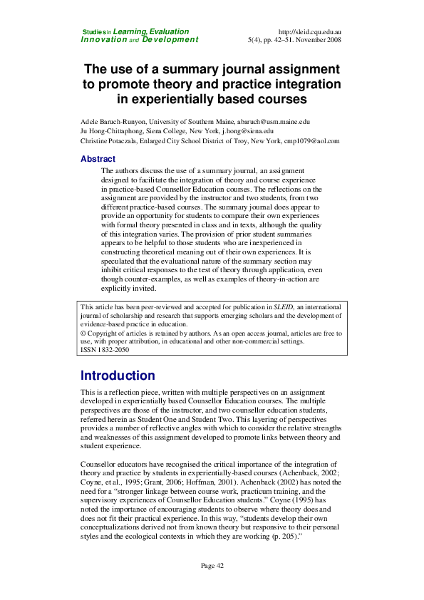 (PDF) The use of a summary journal assignment to promote theory and ...