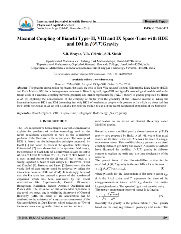 (PDF) Maximal Coupling of Bianchi Type- II, VIII and IX Space-Time with ...