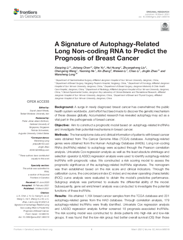 (PDF) A Signature of Autophagy-Related Long Non-coding RNA to Predict ...