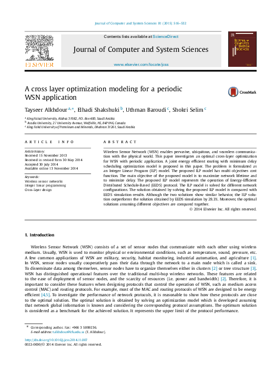 (PDF) A cross layer optimization modeling for a periodic WSN application