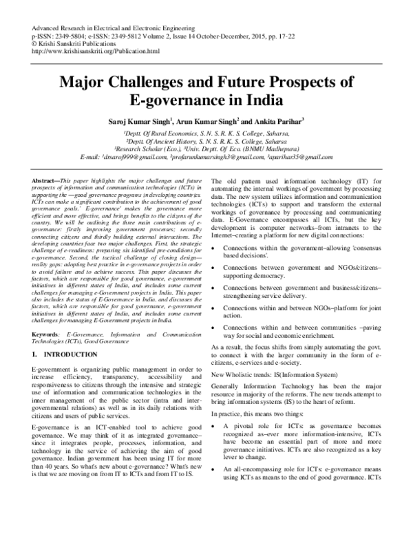 (PDF) Major Challenges and Future Prospects of E-governance in India