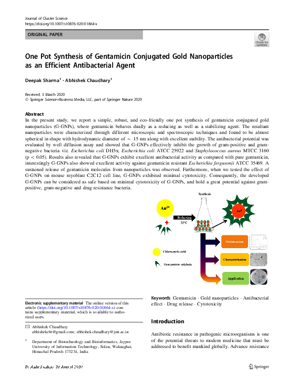 (PDF) One Pot Synthesis of Gentamicin Conjugated Gold Nanoparticles as ...