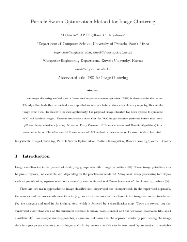(PDF) Particle swarm optimization method for image clustering