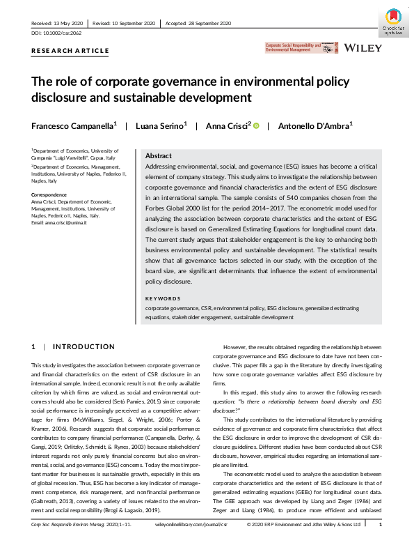 (PDF) The role of corporate governance in environmental policy ...