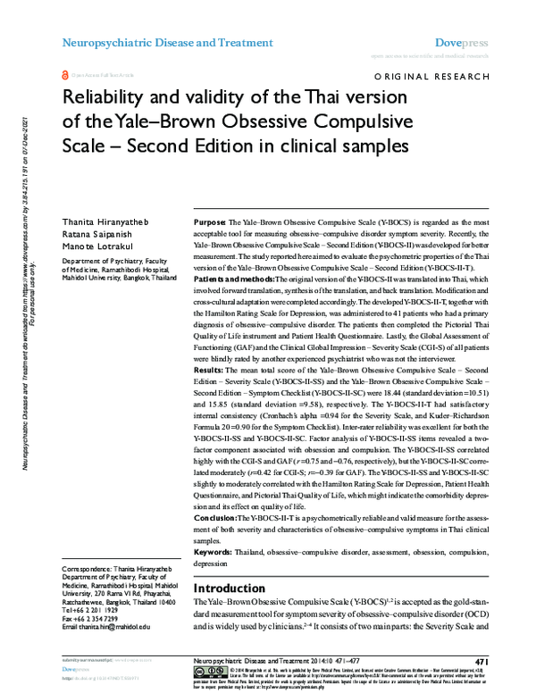 (PDF) Reliability and validity of the Thai version of the Yale–Brown ...
