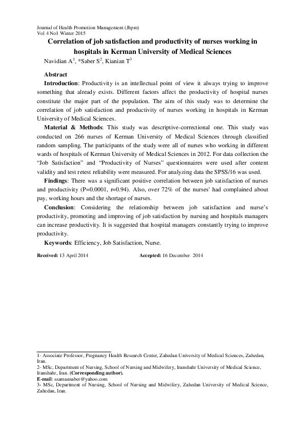 (PDF) Correlation of job satisfaction and productivity of nurses ...