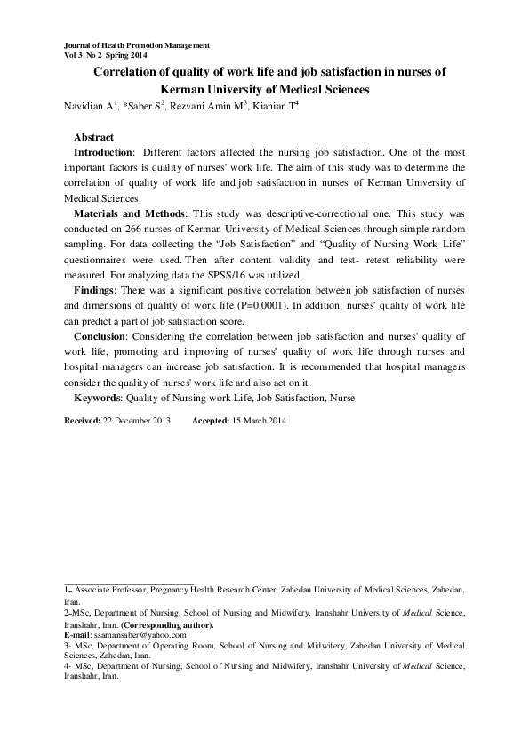 (PDF) Correlation of quality of work life and job satisfaction in ...