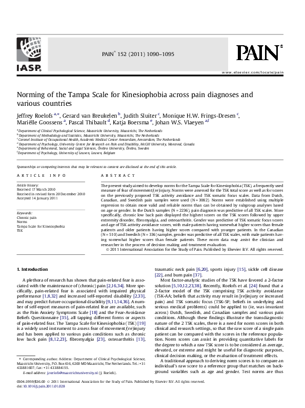 (PDF) Norming of the Tampa Scale for Kinesiophobia across pain ...