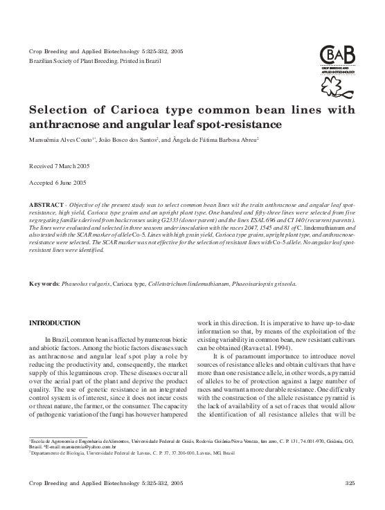 (PDF) Selection of Carioca type common bean lines with anthracnose and ...