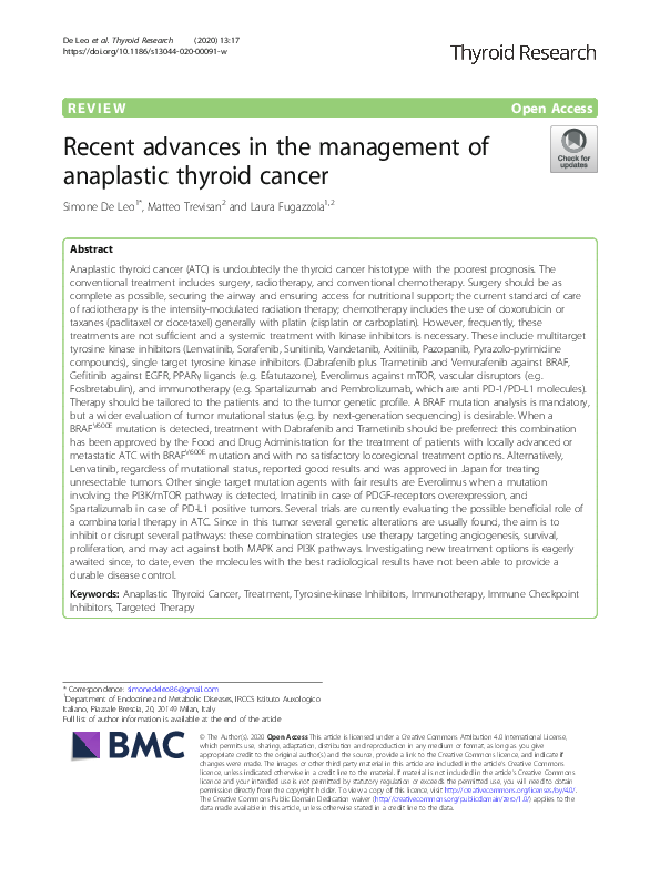(PDF) Recent advances in the management of anaplastic thyroid cancer