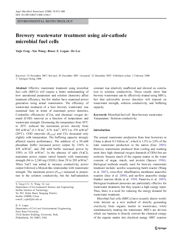(PDF) Brewery wastewater treatment using air-cathode microbial fuel cells