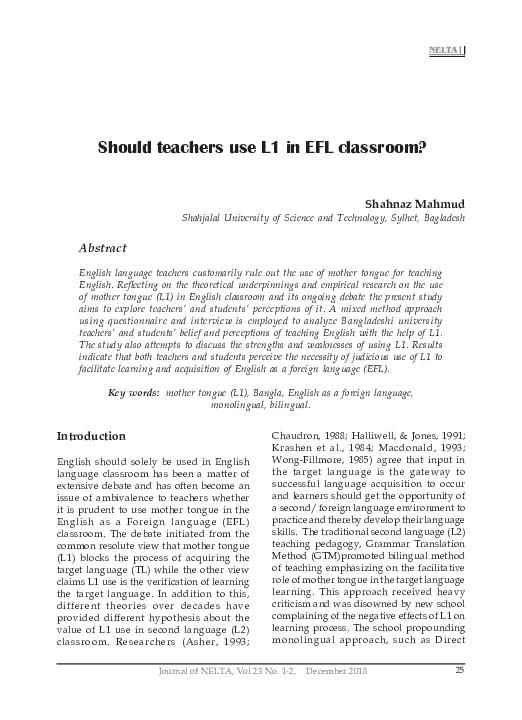 (PDF) Should teachers use L1 in EFL classroom?