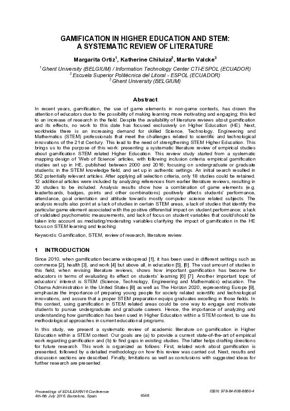 (PDF) Gamification in Higher Education and Stem: A Systematic Review of ...