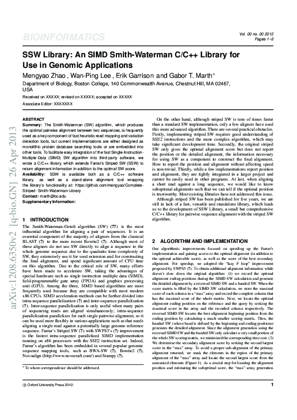 (PDF) SSW Library: An SIMD Smith-Waterman C/C++ Library for Use in ...