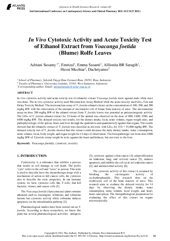 (PDF) In Vivo Cytotoxic Activity and Acute Toxicity Test of Ethanol ...