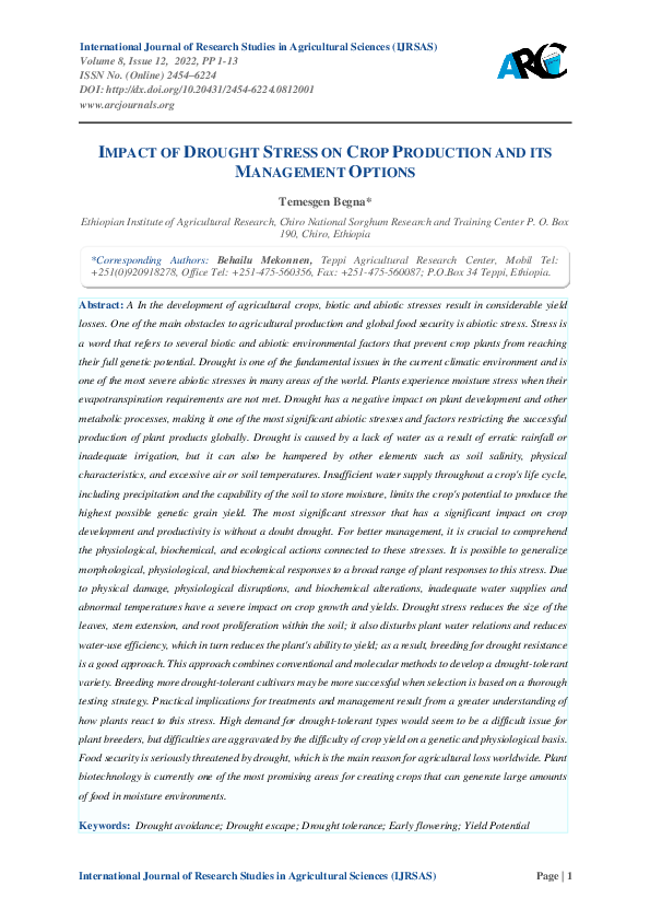 (PDF) Impact of Drought Stress on Crop Production and Its Management ...