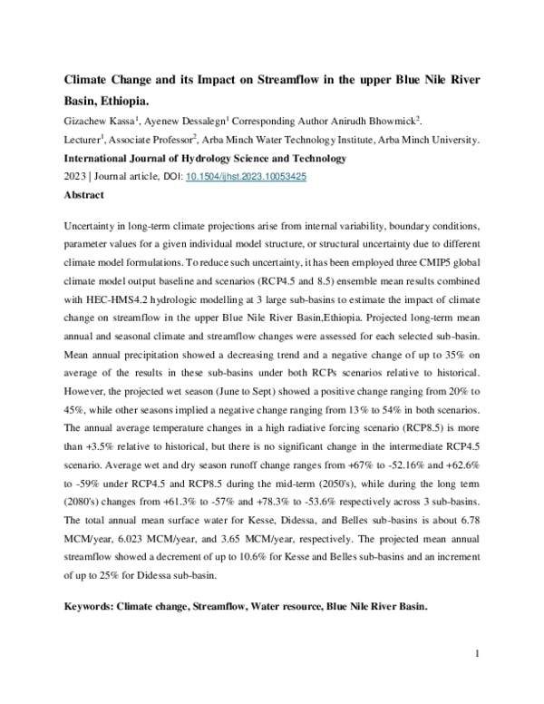 (PDF) Climate change and its impact on streamflow in the upper Blue ...