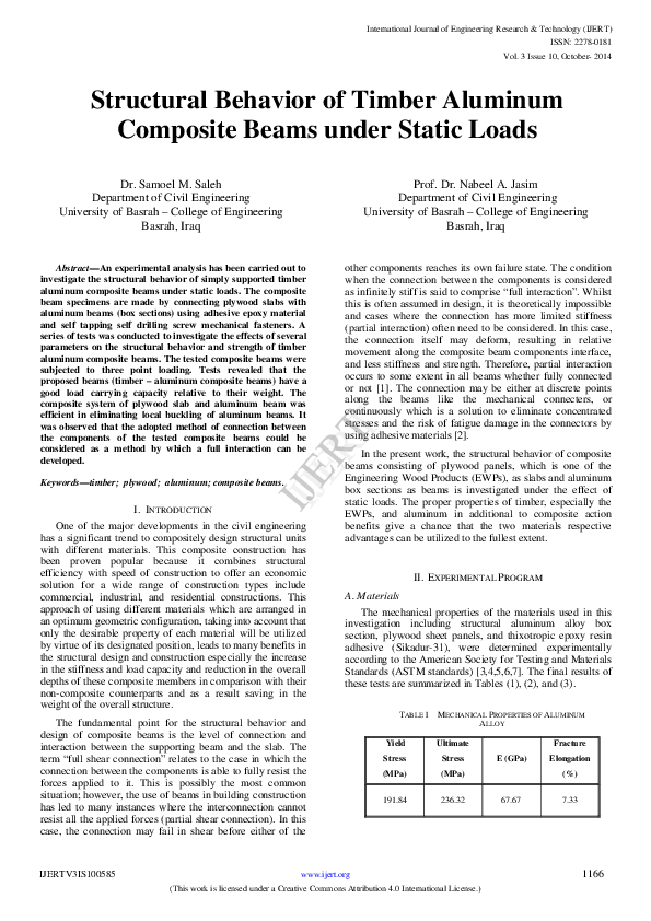 (PDF) Structural Behavior of Timber Aluminum Composite Beams under ...