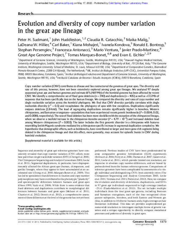 (PDF) Evolution and diversity of copy number variation in the great ape ...