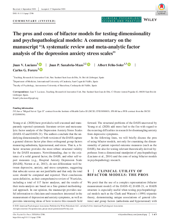 (PDF) The pros and cons of bifactor models for testing dimensionality ...